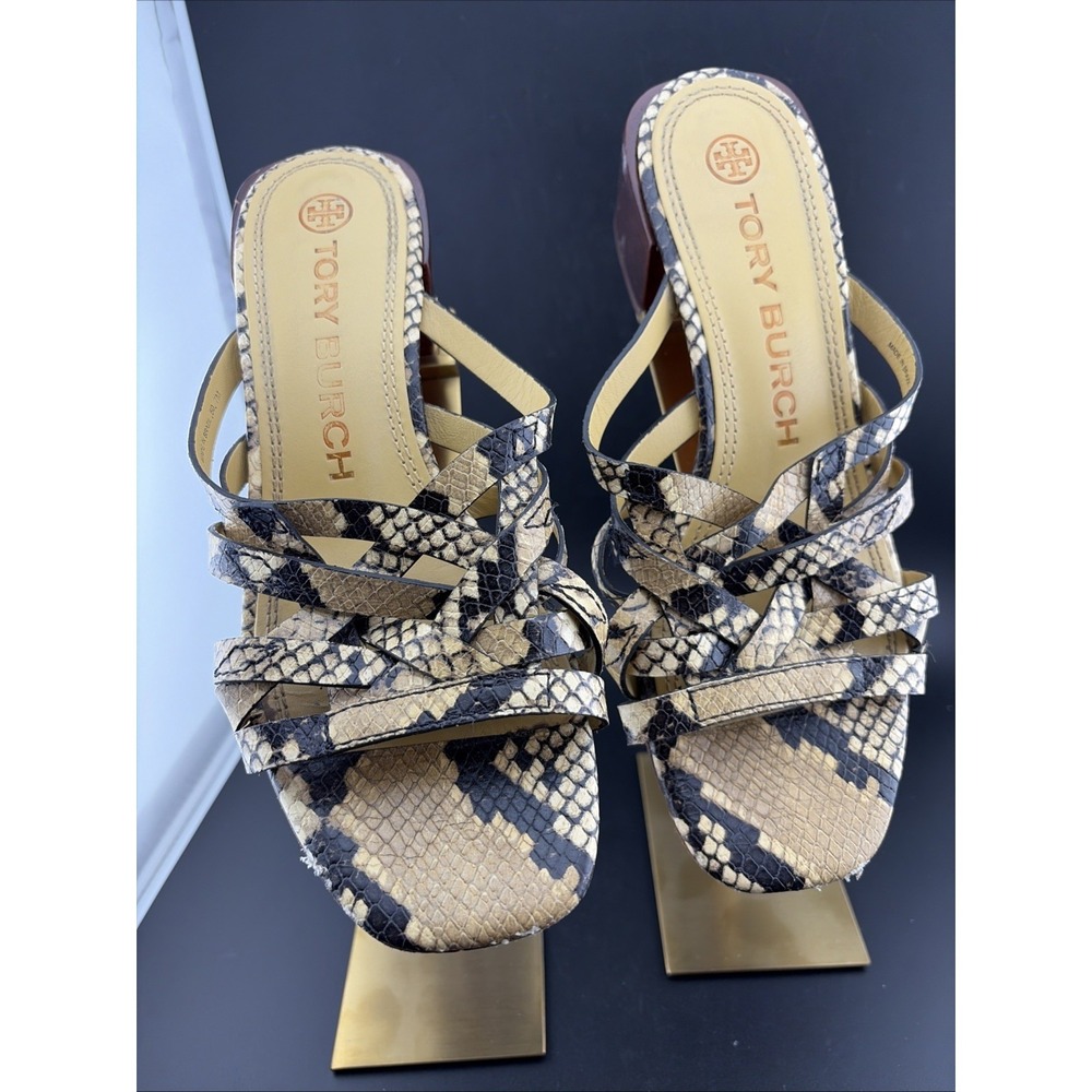 Tory Burch Basket-weave Block Heel Snakeskinโ Python Print Leather Sandals 7M